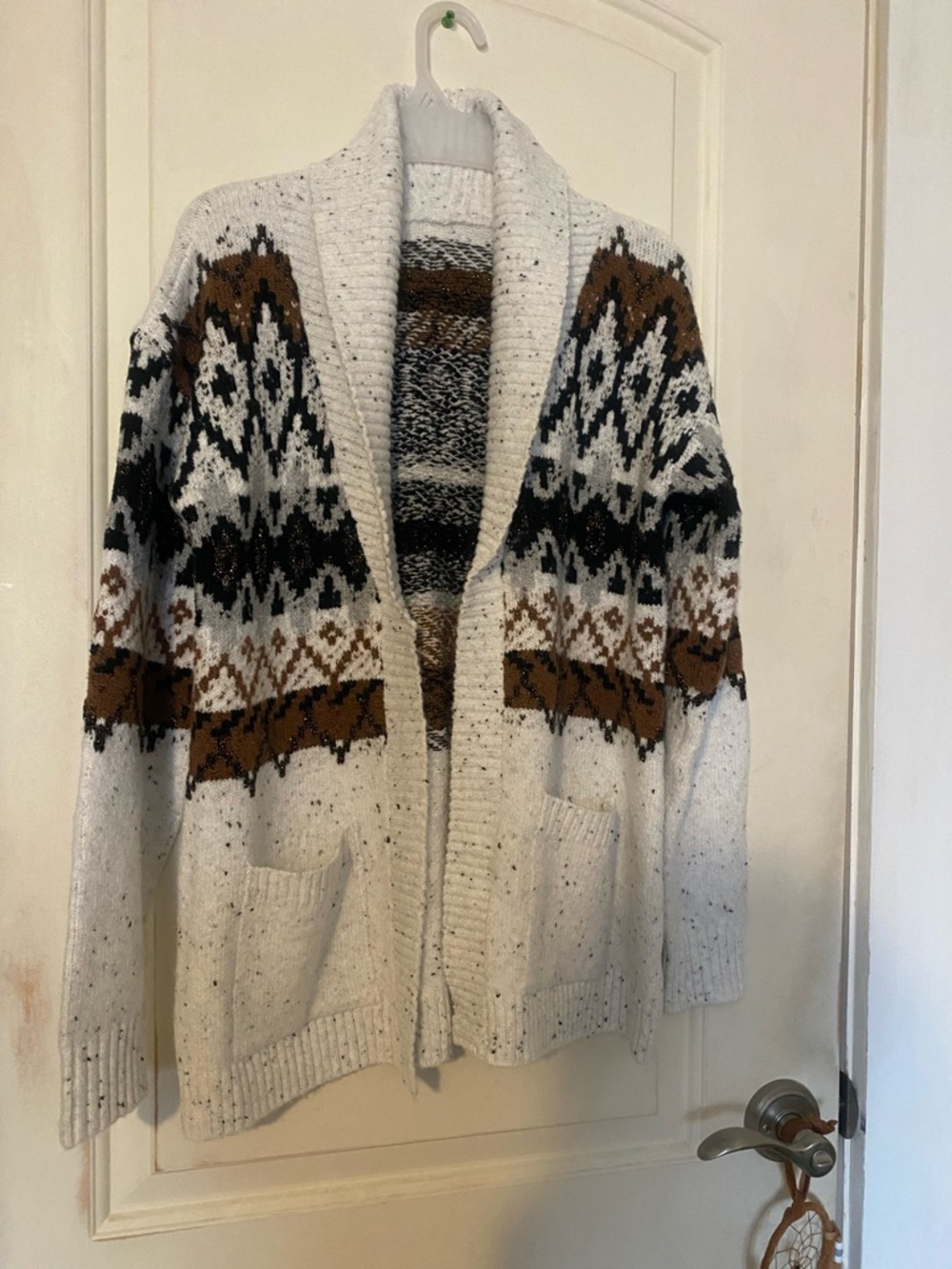 Cozy Cream & Brown Fair Isle Cardigan Sweater
